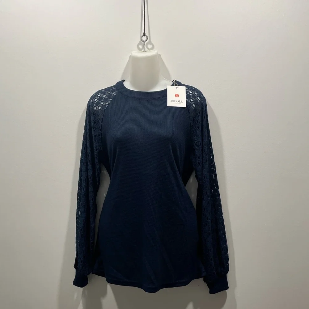 NWT MIHOLL Women’s Navy Long Sleeve Tops Lace Casual Loose Top size medium - Picture 3 of 5